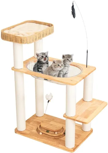 Vista 9 de Árbol de madera para gatos grandes, torre moderna para gatos con estantes anchos, postes rascadores de algodón, base súper resistente, perchas