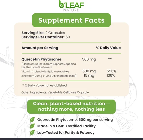 Vista 2 de B'LEAF NATURE Fitosoma de quercetina, 120 cápsulas – 1000 mg de quercetina de alta absorción con vitamina C y zinc – Suplemento de quercetina