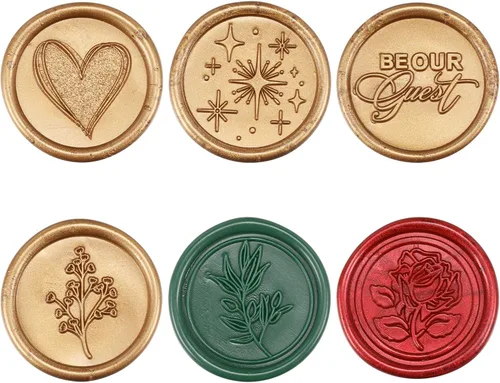 Vista 2 de Yoption Juego de sellos de cera de 6 piezas, sé nuestro invitado, estrella, corazón, kit de sellos de sellado de plantas con mango de madera