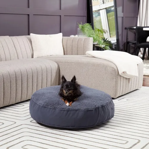 Vista 3 de South Pine Porch Samson - Cama redonda de lujo para perro, estilo almohada, acero azul, pequeña (30 pulgadas)