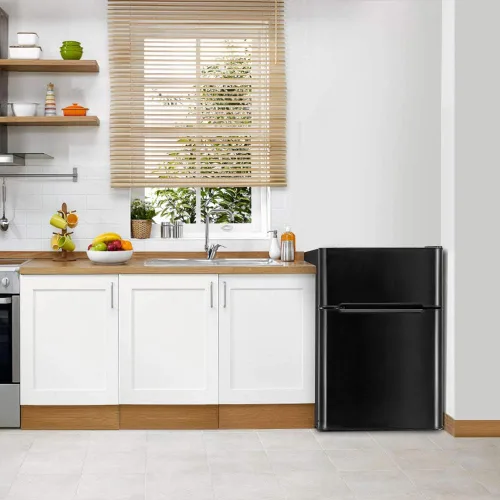 Vista 6 de Mini refrigerador con congelador, refrigerador compacto de 3.2 pies cúbicos, refrigerador de doble puerta con temperatura ajustable y estantes