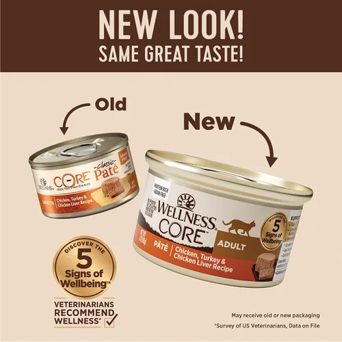 Vista 2 de Wellness CORE Pate - Alimento húmedo enlatado para gatos adultos, natural, rico en proteínas, sin granos, receta de pollo y pavo, 3 onzas, paquete