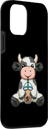 Vista 3 de iPhone 12 mini vaca beber té de burbujas lindos animales con estuche de té Boba