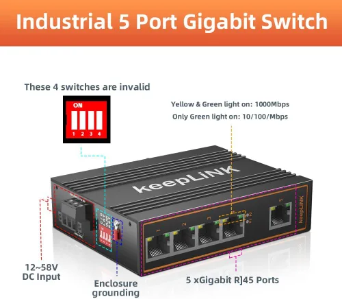 Vista 2 de Interruptor Gigabit industrial de 5 puertos no administrado, interruptor Ethernet Din-Rail, rango de temperatura de funcionamiento IP40 de -30 ° °F