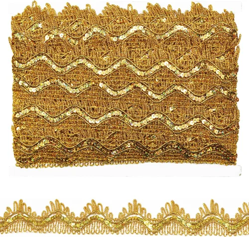 Vista 8 de Cinta larga de 14 yardas de ancho, 1.378 in/1.37 pulgadas, color oro azul con lentejuelas doradas, adorno de encaje decorado para manualidades, tela