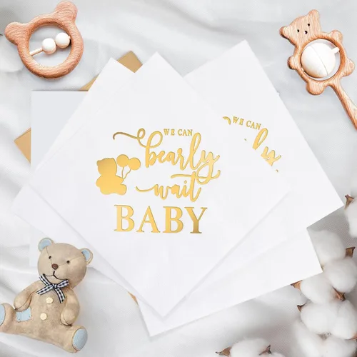 Vista 8 de Crtiin 100 servilletas de baby shower con texto en inglés «We Can Bearly Wait», decoraciones de baby shower para niños, servilletas de regalo