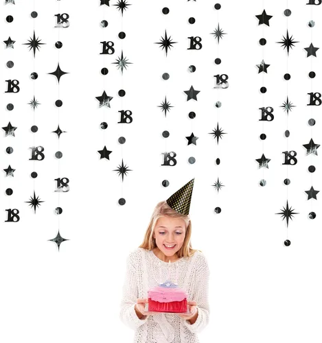 Vista 3 de Decoración de cumpleaños número 18 en negro, número 18 con punto circular, guirnalda de estrellas centelleantes, banderines de serpentina metálica
