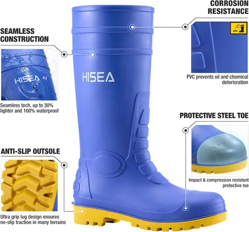 Vista 2 de HISEA Botas de lluvia con punta de acero para hombre, botas de goma de PVC, botas de trabajo impermeables para pesca en jardín, botas de trabajo al