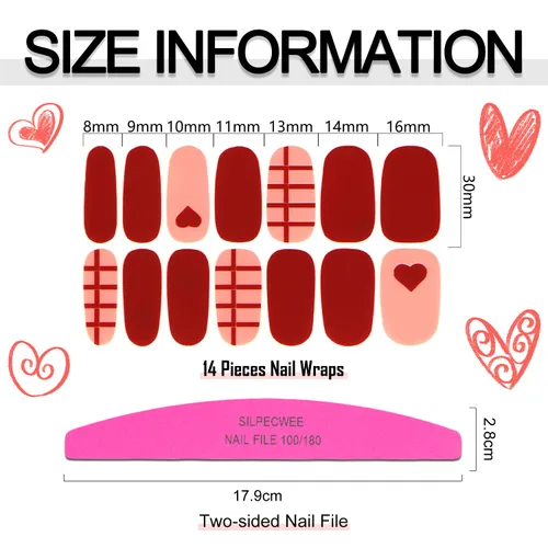 Vista 7 de 16 hojas de tiras de esmalte de uñas de color rojo a cuadros de color sólido para mujeres, calcomanías autoadhesivas de esmalte de uñas, tiras