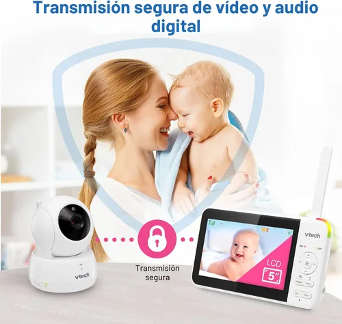 Vista 6 de VTech Monitor de bebé sin WiFi, pantalla de 5 pulgadas y zoom panorámico remoto para recién nacidos, a prueba de piratas, batería de 17 horas, rango
