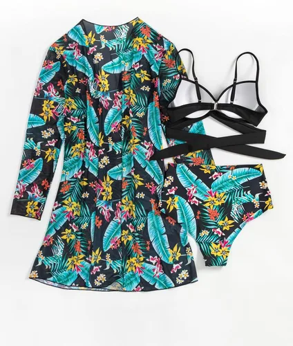 Vista 2 de Floerns Conjunto de bikini de 3 piezas para mujer con push up halter y kimono