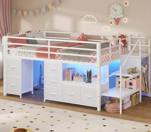 Vista 13 de ADORNEVE Cama baja tipo loft tamaño individual con 7 cajones de almacenamiento, estantería y luces LED, cama alta de metal para niños con barandilla