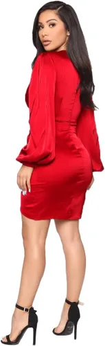 Vista 3 de LightlyKiss Vestido de invitada de boda de manga larga para mujer, vestido de fiesta formal con nudo frontal, 016 rojo