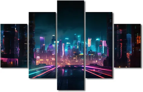 Vista 106 de Póster de 5 paneles en lienzo para decoración de pared, diseño de centro urbano Cyberpunk, impresión moderna, decoración de pared para el hogar