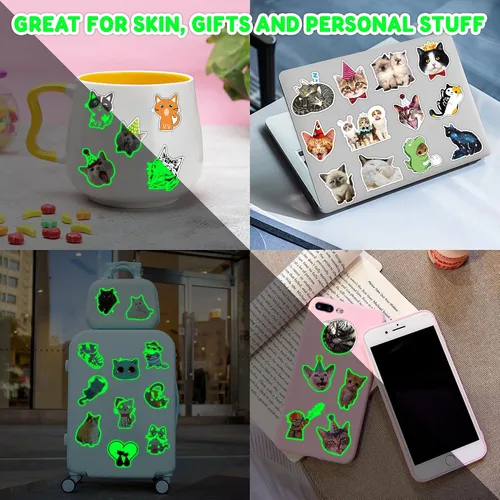 Vista 5 de 96 piezas de tatuajes temporales de gatos que brillan en la oscuridad para niños, calcomanías de tatuaje luminosas falsas para mascotas súper lindas