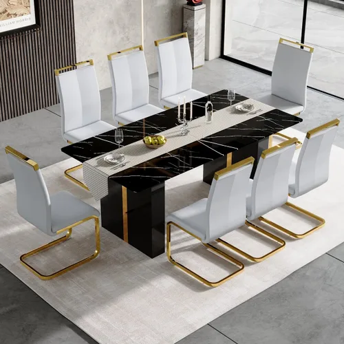 Vista 20 de Mesa de comedor moderna para mesa de comedor de mármol sintético blanco de 6, 8, 71 pulgadas, con patas negras y doradas, mesa de cocina rectangular