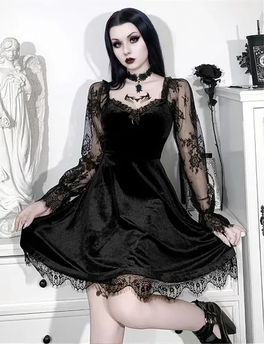 Vista 6 de LANSHULAN Vestido de manga larga de encaje negro drapeado bodycon gótico vintage vestidos ropa