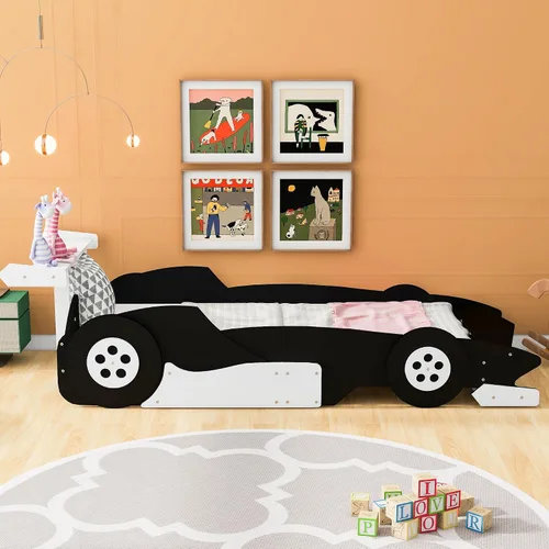 Vista 3 de Cama de plataforma en forma de auto de carreras de tamaño individual con ruedas, plataforma de madera con soporte de listones resistentes y rieles