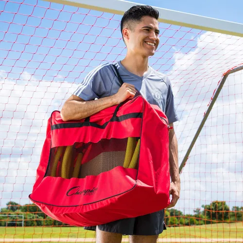 Vista 8 de Champion Sports Juego de arco de pases de fútbol, 12 arcos de entrenamiento duraderos con estacas y bolsa de transporte, porterías de fútbol