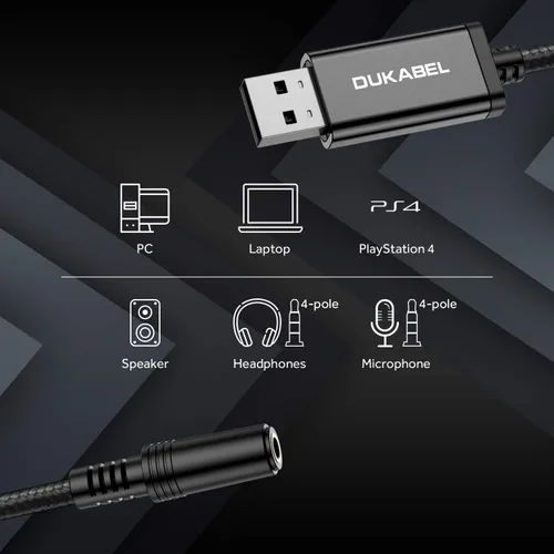 Vista 2 de DUKABEL Adaptador de audio USB, adaptador USB a 3.5mm Aux para auriculares, TRRS para micrófonos, convertidor de tarjeta de sonido externa USB