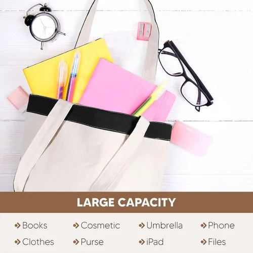 Vista 4 de Bolsa de lona con asas para mujer, bolsa de tela reutilizable para comestibles y compras - Bolsa de algodón en blanco, adecuada para proyectos