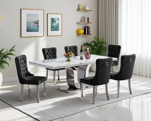 Vista 60 de Juego de mesa de comedor de mármol sintético, 7 piezas, juego de mesa de cocina y comedor para 6, mesa de comedor rectangular blanca de 70 pulgadas