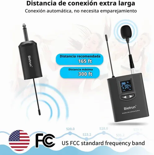 Vista 2 de Bietrun - Sistema de micrófono inalámbrico UHF Lavalier de solapa/micrófono para auriculares/micrófono de soporte, rango de 50.3 metros, transmisor