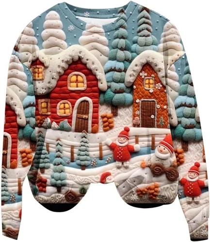 Vista 4 de Sudadera de gran tamaño con estampado 3D para mujer, suéter holgado de Navidad de manga larga con cuello redondo, sudaderas de vacaciones