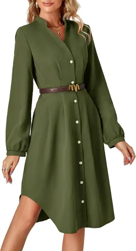 Vista 3 de LYANER Vestido camisero midi de manga larga con cuello en V plisado y botones para mujer