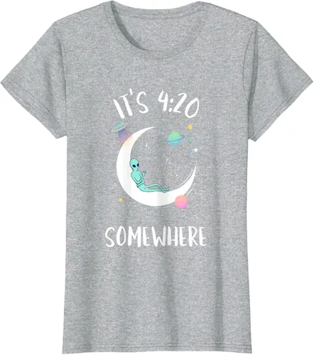 Vista 21 de Funny Weed Joint Smoking Moon Alien It's 4:20 Somewhere Camiseta, Negro, S