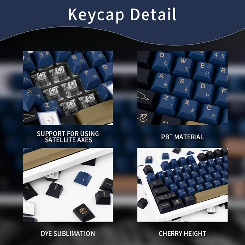 Vista 3 de Teclas Samurai Azules de 129 Teclas, Teclas de Sublimación de Tinte con Perfil Cherry para Teclado Gaming, Juego de Teclas Personalizadas PBT