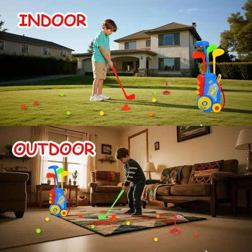 Vista 6 de Nattork Juego de golf para niños y niñas de 1, 2 y 3 años, carrito de golf mejorado para niños con 4 palos y 12 pelotas, juguete deportivo