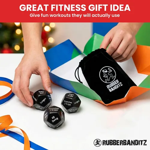 Vista 8 de Rubberbanditz - Dados de fitness para ejercicio y entrenamientos Tres atractivos dados de entrenamiento de cuerpo completo de 12 lados Ideal