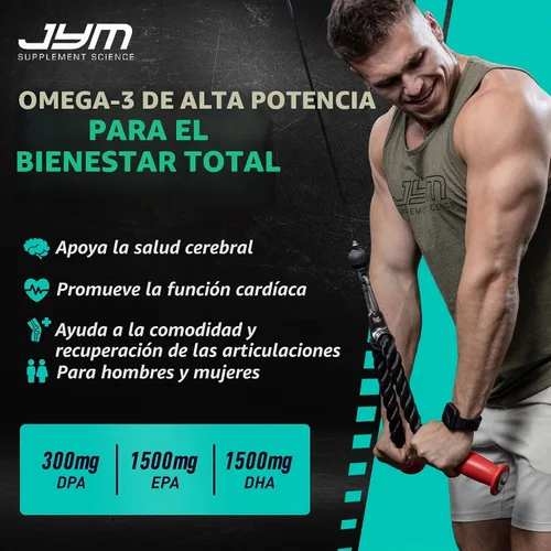Vista 3 de JYM Supplement Science Aceite de Pescado Omega JYM 2800mg, Omega 3 de Alta Potencia, EPA, DHA, DPA para Soporte del Cerebro, Corazón