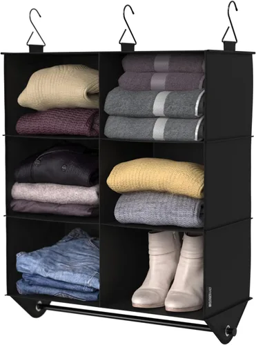 Vista 9 de ClosetMaid Organizador de armario colgante de tela de 3 estantes con barra de ropa para camisas, suéteres, pantalones, sombreros, zapatos, monederos