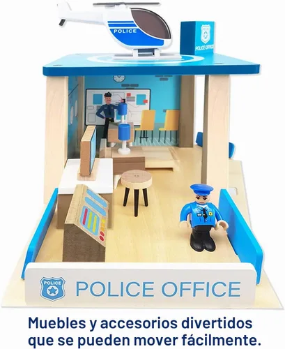 Vista 5 de Juego de juguete de estación de policía de madera, set de casa de muñecas de juego de simulación multicolor de 3 niveles con figuras, coche