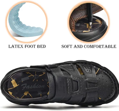 Vista 5 de Feichi Sandalias deportivas para hombre, puntera cerrada, sandalias de cuero hechas a mano, ajustables, para verano, pescador, zapatos de playa