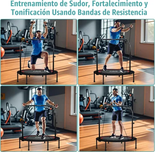 Vista 3 de RAVS Mini Trampolín para Niños y Adultos de 40"/48" Plegable de Fitness Reboteador Trampolín para Niños con Manija Ajustable en Altura de 5 Niveles