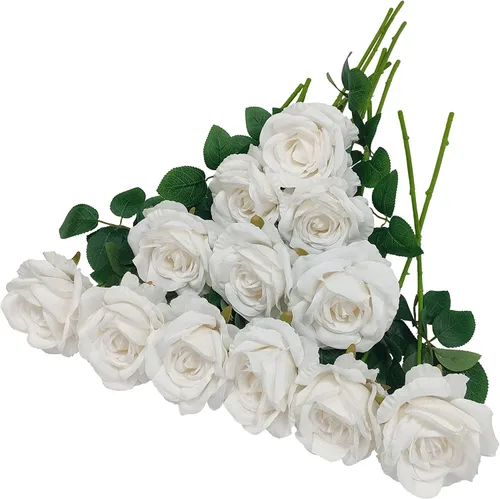 Vista 10 de ATFL Rosas Rubor, 12 Piezas de Rosas Rosa Pálido, Rosas Artificiales de Color Rosa Claro, Diámetro de la Flor 10 cm, Rosas Artificiales con Tallos