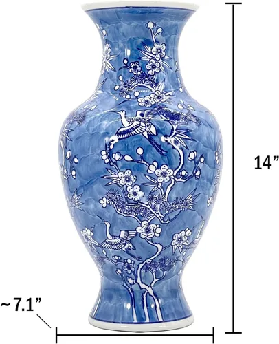 Vista 5 de Galt International Jarrón de Cerámica Floral de Grulla Chinoiserie Blanco y Azul de 14" - Jarrón Antiguo Pintado a Mano de Porcelana Estilo Chino