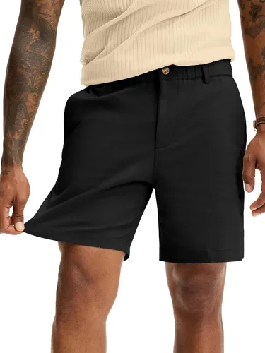 Vista 2 de Comdecevis Pantalones cortos casuales de algodón de ajuste clásico para hombre de 7 pulgadas, pantalones cortos chinos con cintura elástica