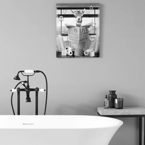 Vista 6 de Luslya Divertido arte de pared de alpaca para baño, linda alpaca sentada en el inodoro, lectura de periódicos, póster enmarcado en blanco y negro