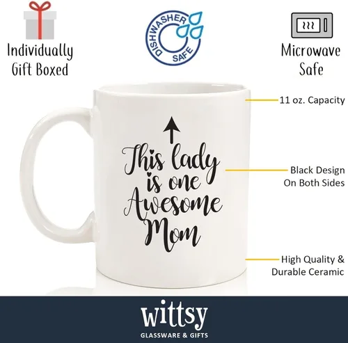 Vista 2 de Taza de café divertida con texto en inglés «One Awesome Mom», regalos para mamá, mujeres, los mejores regalos para mamá de parte de su hija, hijo