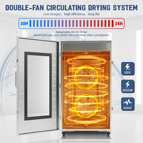 Vista 5 de Máquina deshidratadora comercial de alimentos, 16 bandejas, rotación automática de 360°, deshidratador de frutas de 1500 W, secador de carne seca