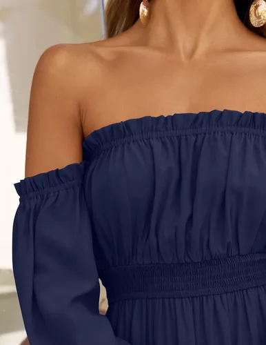 Vista 15 de ZESICA - Vestido largo, bohemio y sexy, con hombros descubiertos y manga larga fruncida, con elástico fruncido, cintura alta y abertura lateral