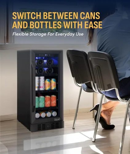 Vista 3 de NewAir Refrigerador de bebidas y vino de zona única de 15 pulgadas, refrigerador de bebidas y vino para 33 botellas/80 latas, mini refrigerador