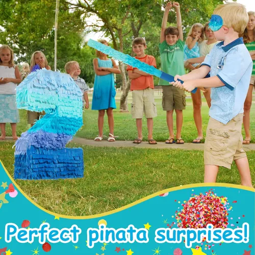 Vista 3 de Sratte Piñata Número 1 2 3 4 5 6 7 8 9 con Palo, Venda para los Ojos, Confeti, Piñata Azul Degradado para Niños y Niñas Fiestas de Cumpleaños