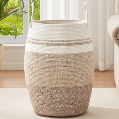 Vista 7 de OIAHOMY Cesta de lavandería tejida de cuerda, tamaño grande, con asas extendidas para ropa y juguetes, cesta alta de 25.6 pulgadas, plegable