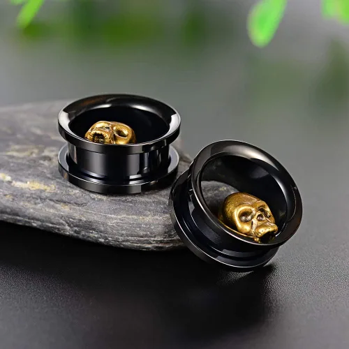 Vista 4 de COOEAR 1 par de calibradores de oído túneles de oreja negros tapones de calavera de acero inoxidable