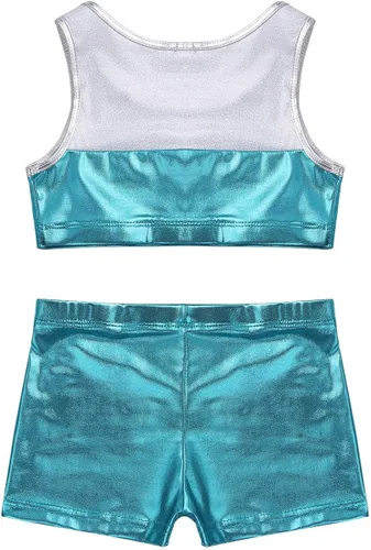 Vista 7 de iiniim Kids Girls - Conjunto de dos piezas de gimnasia, deportes y danza deportiva brillante con pantalones cortos para bailar